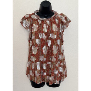 Let Me Be Anthropologie Top Metallic Brocade Flutter Sleeve Boho Flirty, 10